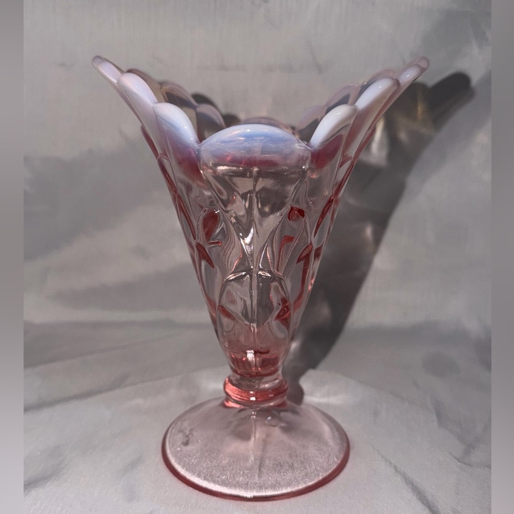 Pink Opalescent Glass Vase, Decorative, Scalloped Rim, Pedestal Base, 6.5" Tall - Picture 2 of 13